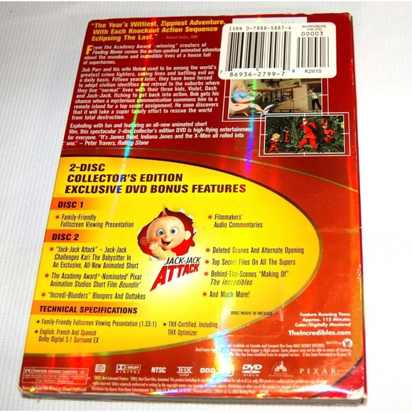 The Incredibles (DVD, 2004) Full Screen 2 DVD's Disney Pixar Bonus Features - Picture 2 of 4